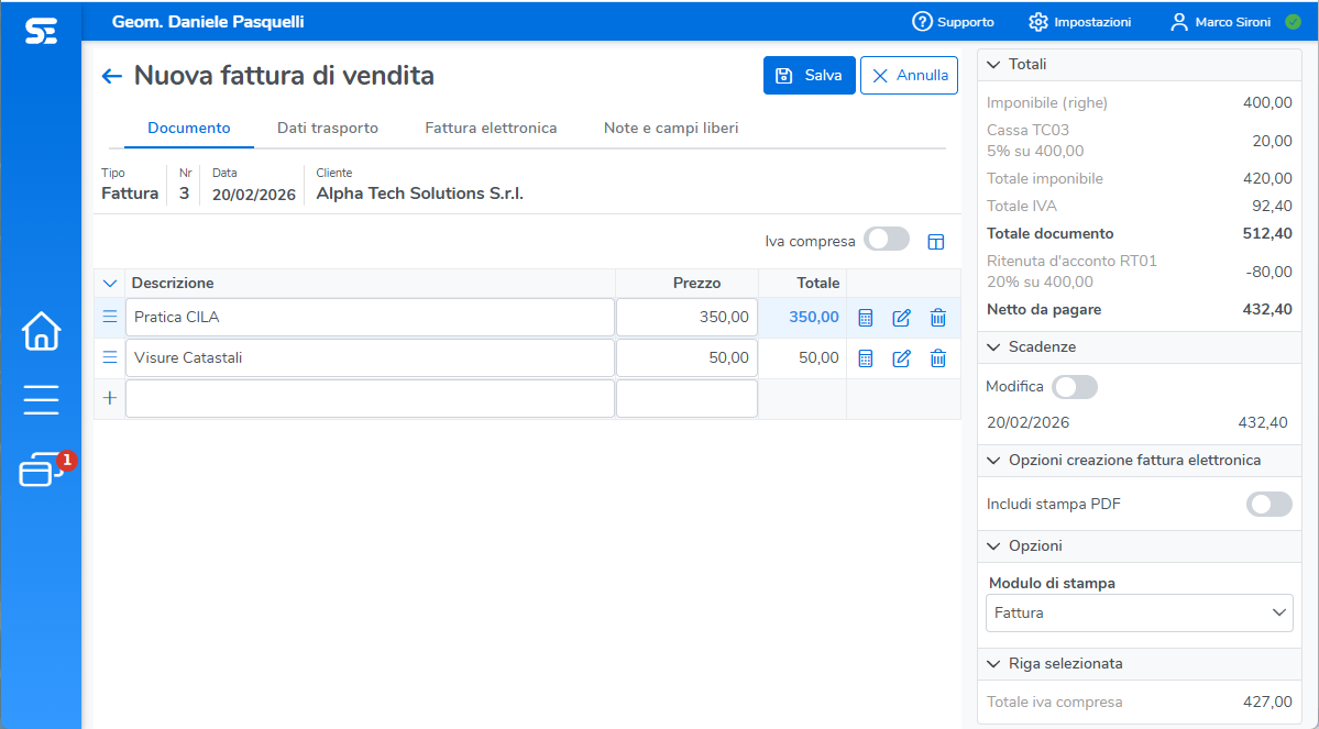 Schermata del software con calcolo automatico di ritenuta d'acconto e cassa previdenziale per liberi professionisti