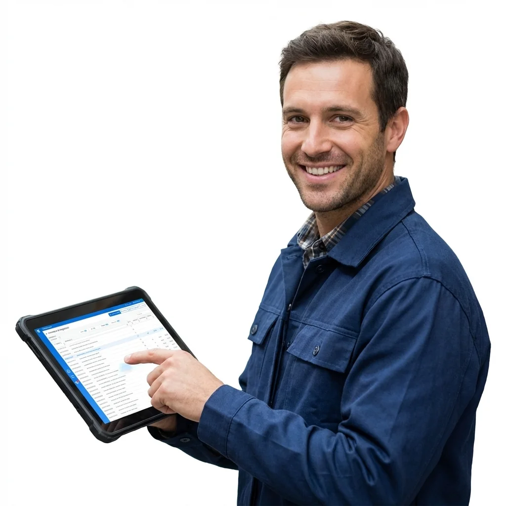 Titolare di PMI nel magazzino mentre controlla le giacenze e gestisce DDT con il Software Fatturazione Elettronica su tablet
