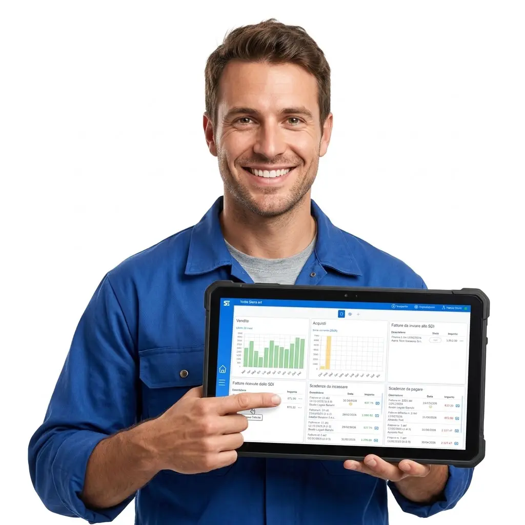 Titolare di azienda manifatturiera che controlla distinta base e ordini di produzione con il Software Fatturazione Elettronica su tablet