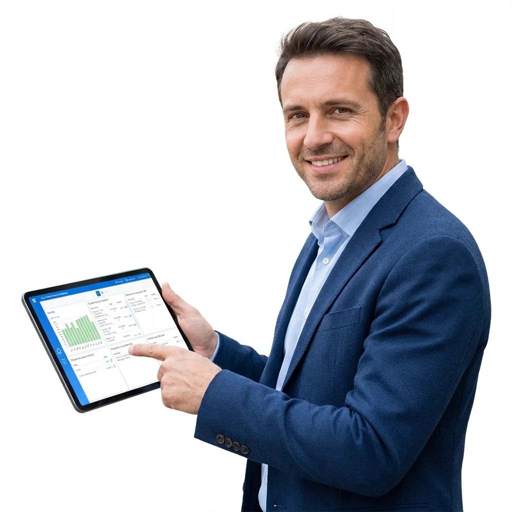 Libero professionista nel suo studio mentre emette una fattura elettronica con il Software Fatturazione Elettronica su tablet