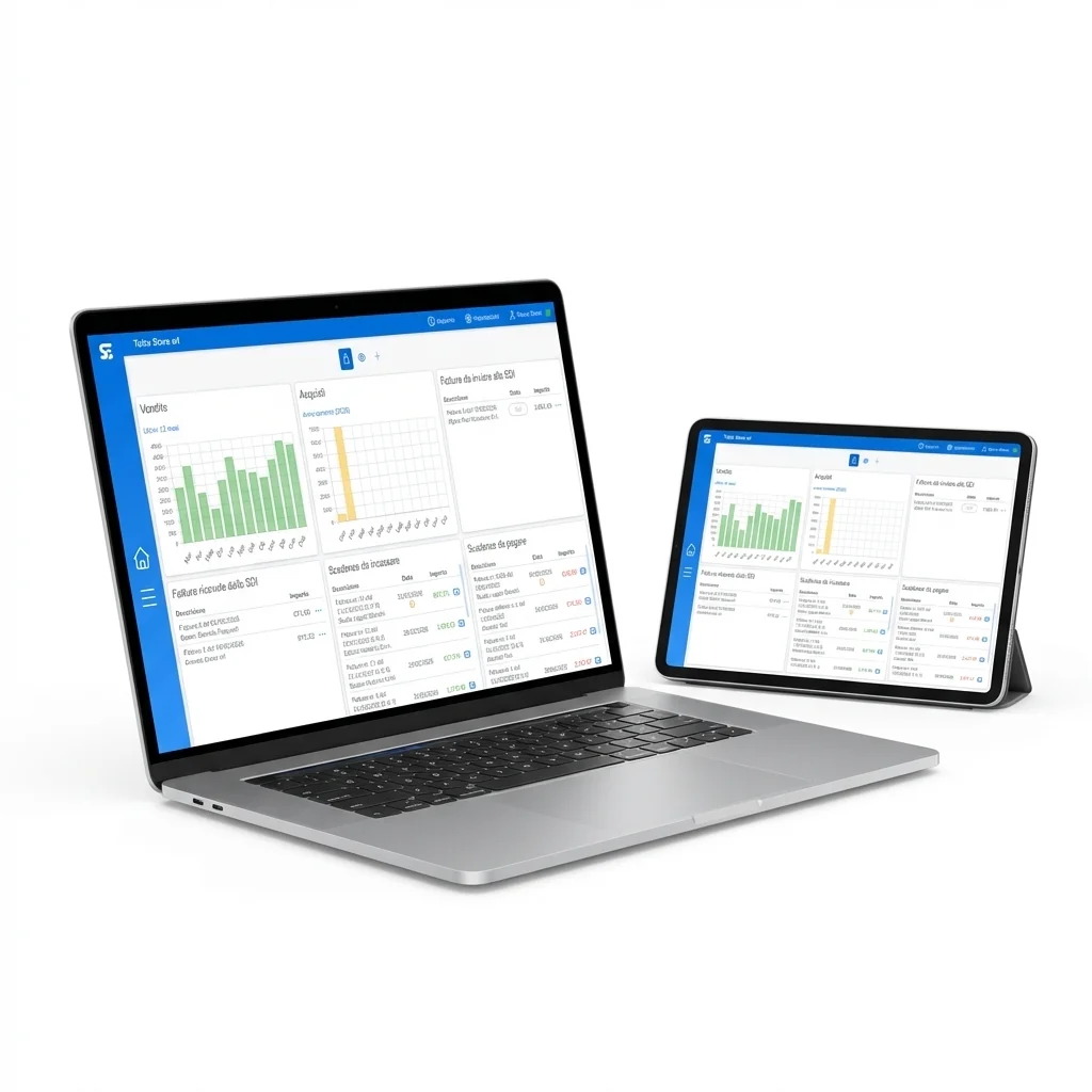 Software Fatturazione Elettronica aperto su portatile e tablet con dashboard, ciclo attivo e gestione magazzino